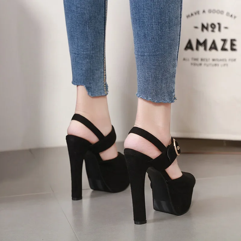 Fashion Women Ankle Strap Sandals Casual Flock Buckle Strap Thin Heels 13CM Open Toed High Heels Women Sandals Discount Pumps