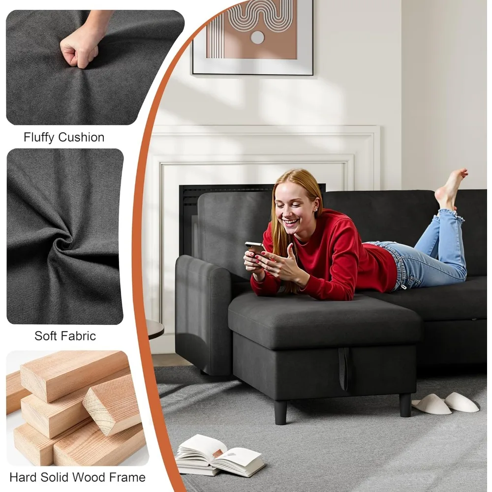 أريكة نوم قابلة للتحويل مع مساحة تخزين، سرير أريكة من قماش الكتان على شكل حرف L لغرفة المعيشة #6