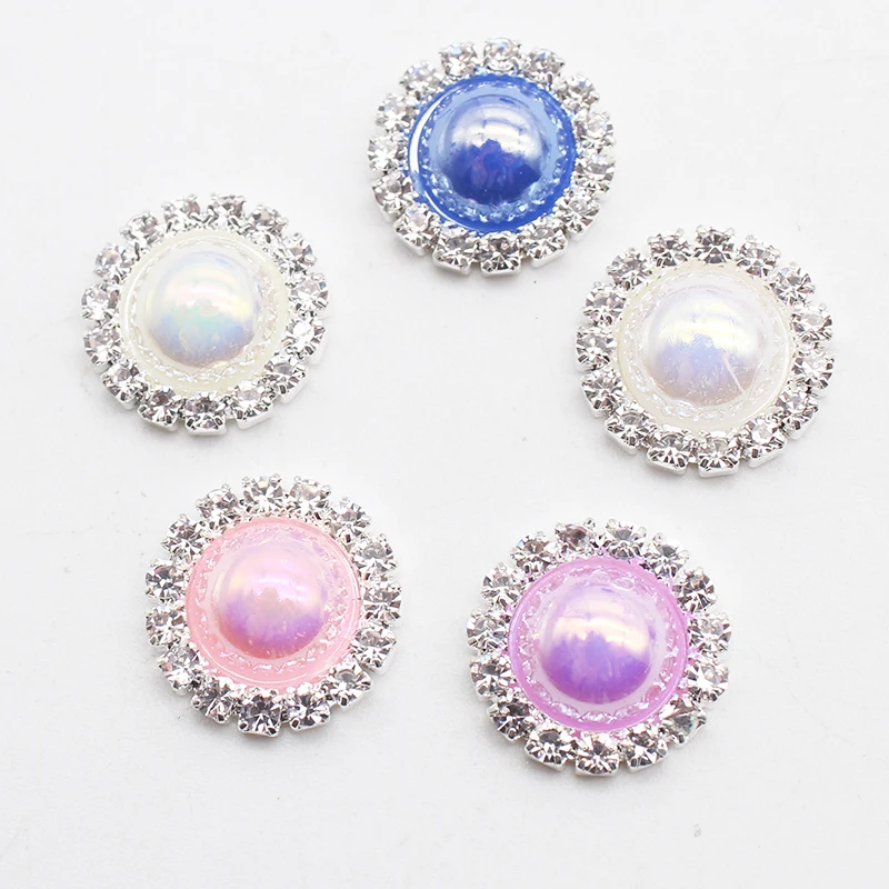 Fashion 10 Pack 16mm Rhinestone Round Colorful Pearl Clothing Accessories DIY Hand Paste Metal Bow Hair Accessories Decoration