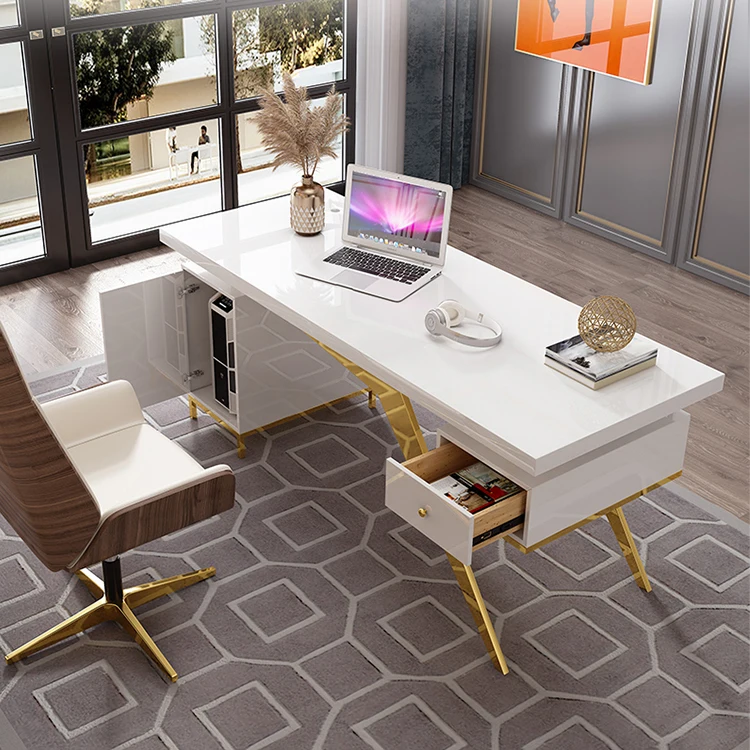 Luxe moderne Home Black Ceo bureau set computerbureaus studeertafel met goud roestvrijstalen frame voor kantoormeubilair