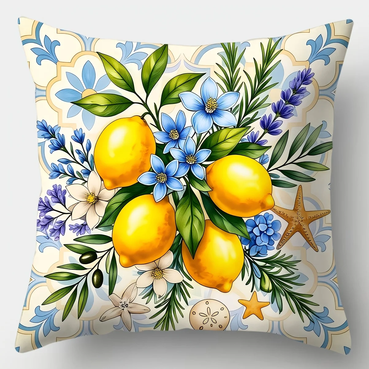 4Pcs Vintage Coastal Lemon Cushion Covers Blue Floral Tile Sailboat Seaside Villa Starfish Pillow Cases For Bright Mediterranean