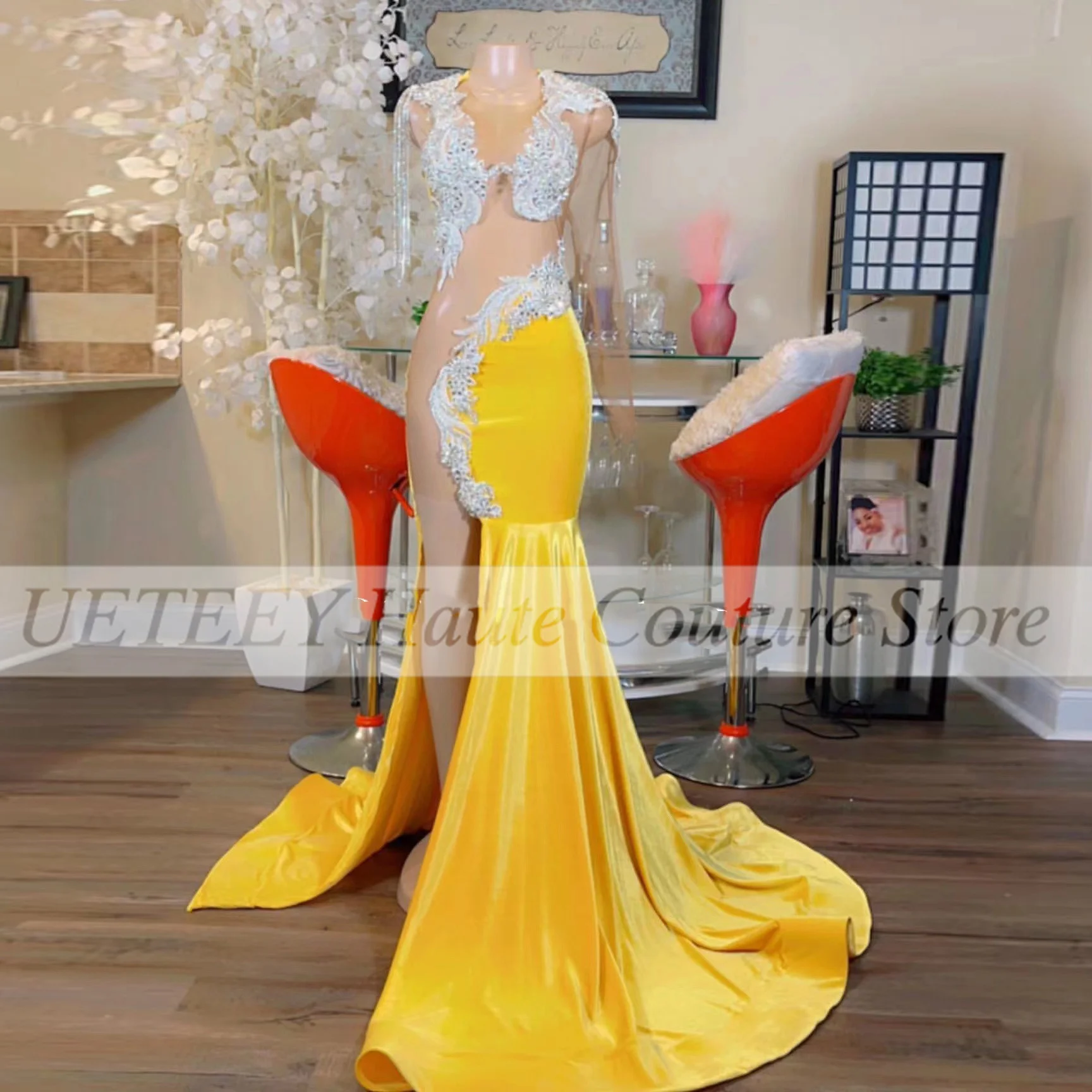 Sexy Yellow Mermaid Prom Dresses Illusion For Balck Girls Side Split Tassel Graduation Party Evening Dress Customized