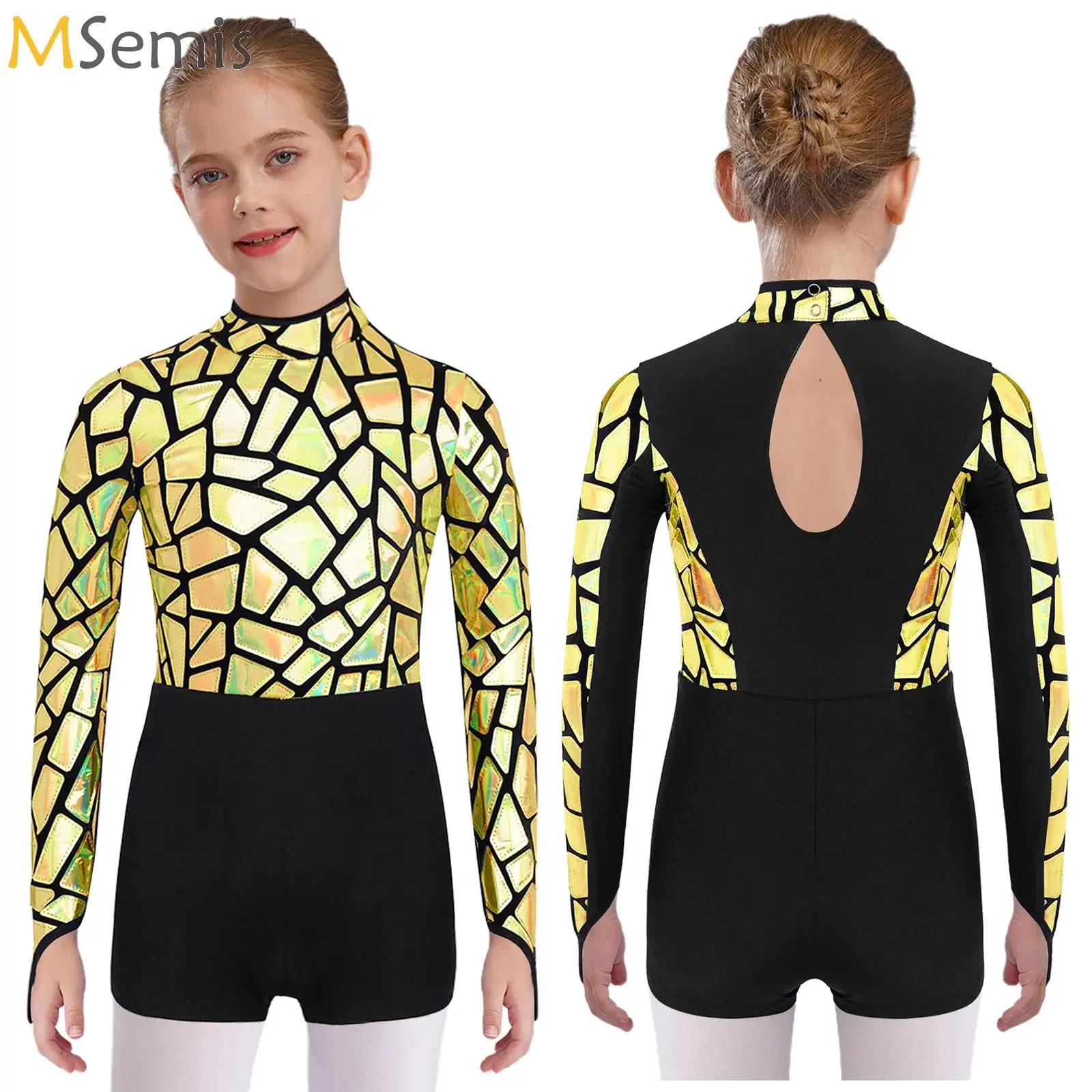 

Kids Girls Modern Dance Gymnastics Leotard Long Sleeve Keyhole Back Jumpsuit Shiny Metallic Bodysuit Figure Skating Costume