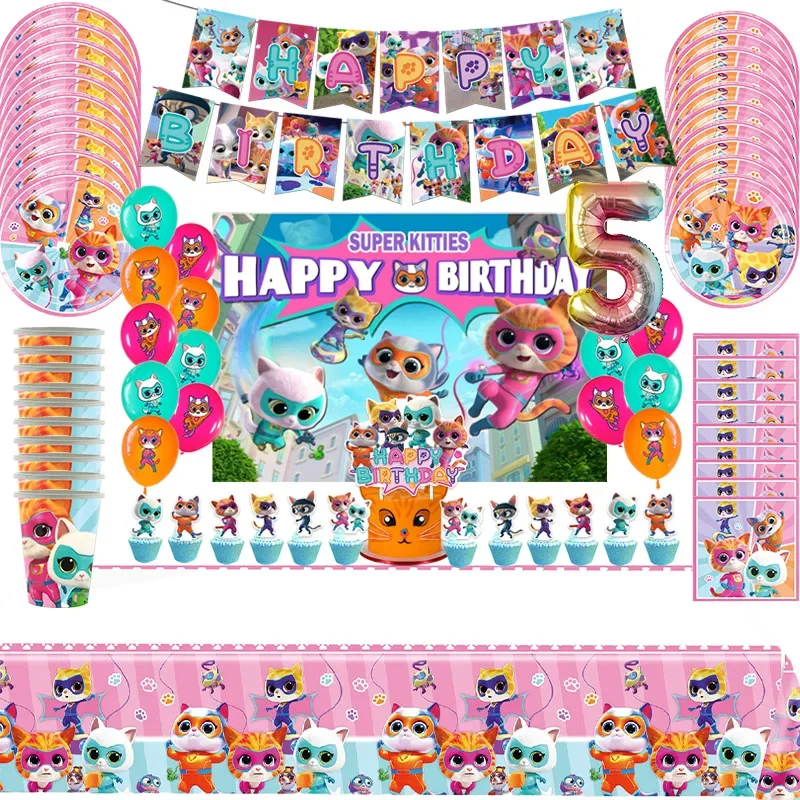 Cartoon Superkitties Birthday Party Decoration Super Kitties Tableware Balloon Cake Topper Party Supplies Baby Shower