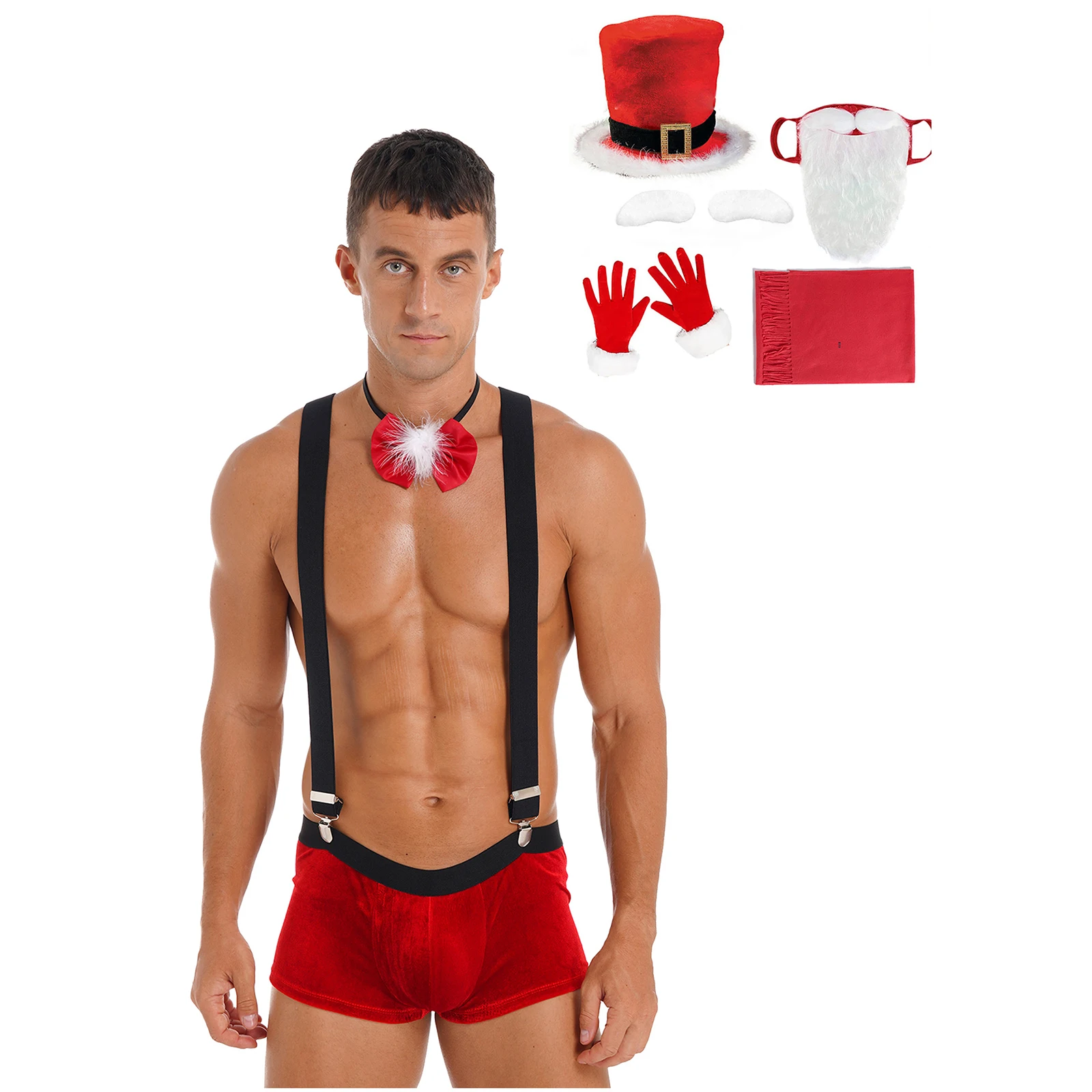 

Adult Men's New Year Christmas Cosplay Party Costume Low Rise Boxer Shorts Bow Tie Hat Beard Gloves Scarf Set Festival Carnivals