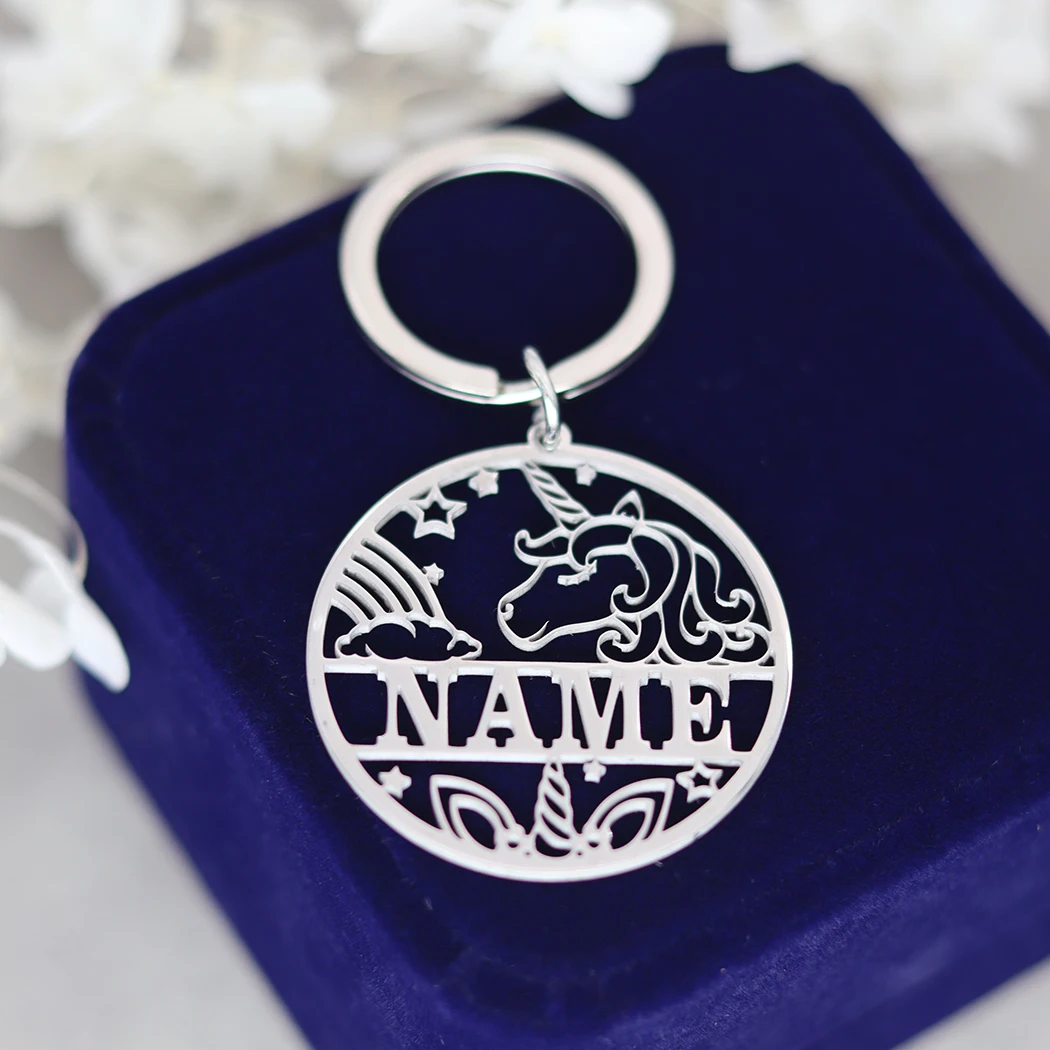 

QIMING Custom Name Unicorn Animal Keyring For Women Men Personalized Stainless Steel Jewelry Korean Keychain Gifts