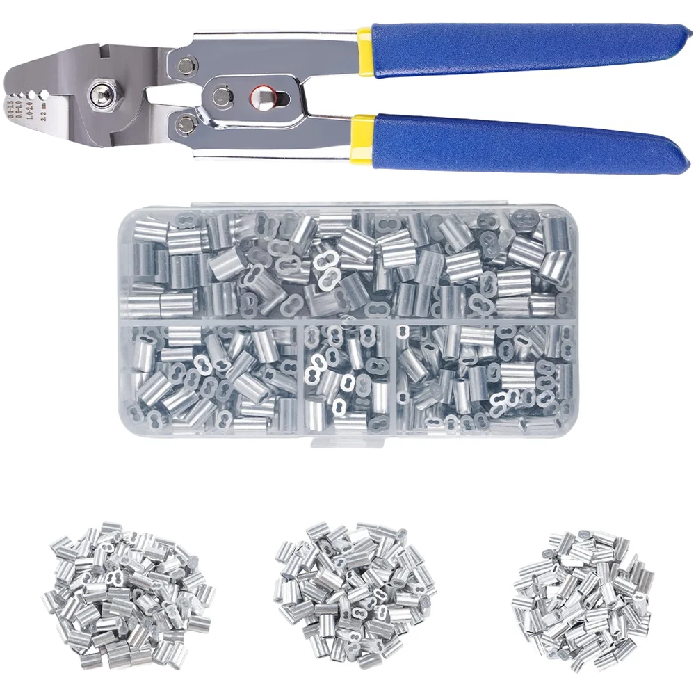 Crimping Pliers For Wire Rope 10 Inch Stainless Steel With Blue Handle And 300pcs Aluminum Sleeves For Dog Leash Marine Rigging