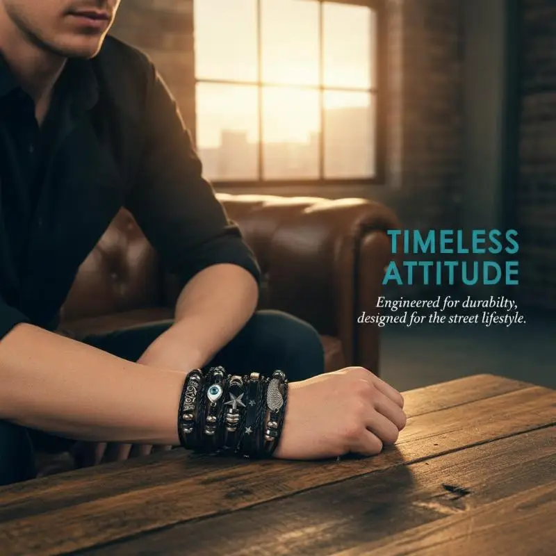 Boho Mehrschichtige Lederarmbänder, Charm-Perlen-Armband für Damen und Herren, Vintage Punk Wrap-Set – Detail 10