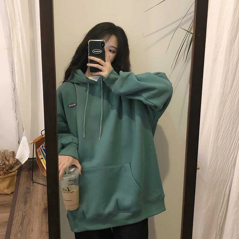 Korean Fashion Green Baggy Pullover Letter Printing Fleece Sweatshirt Casual Lazy Wind Raglan Sleeves Drawstring Hoodie Autumn