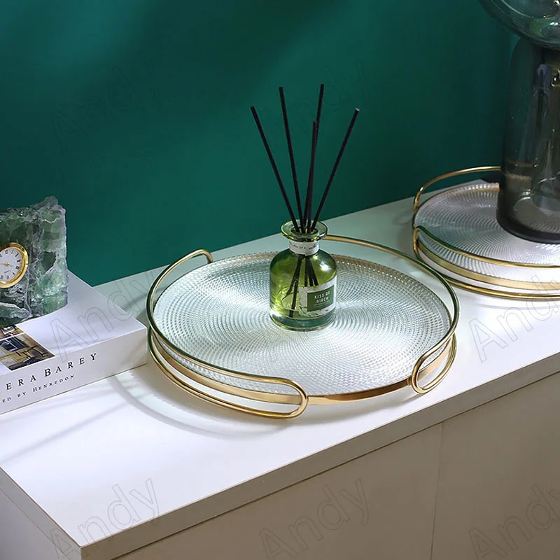 

Modern Glass Storage Tray Brass Border Decor Bedroom Cosmetic Container Hand Embossed Desktop Jewelry Organizer Home Decoration