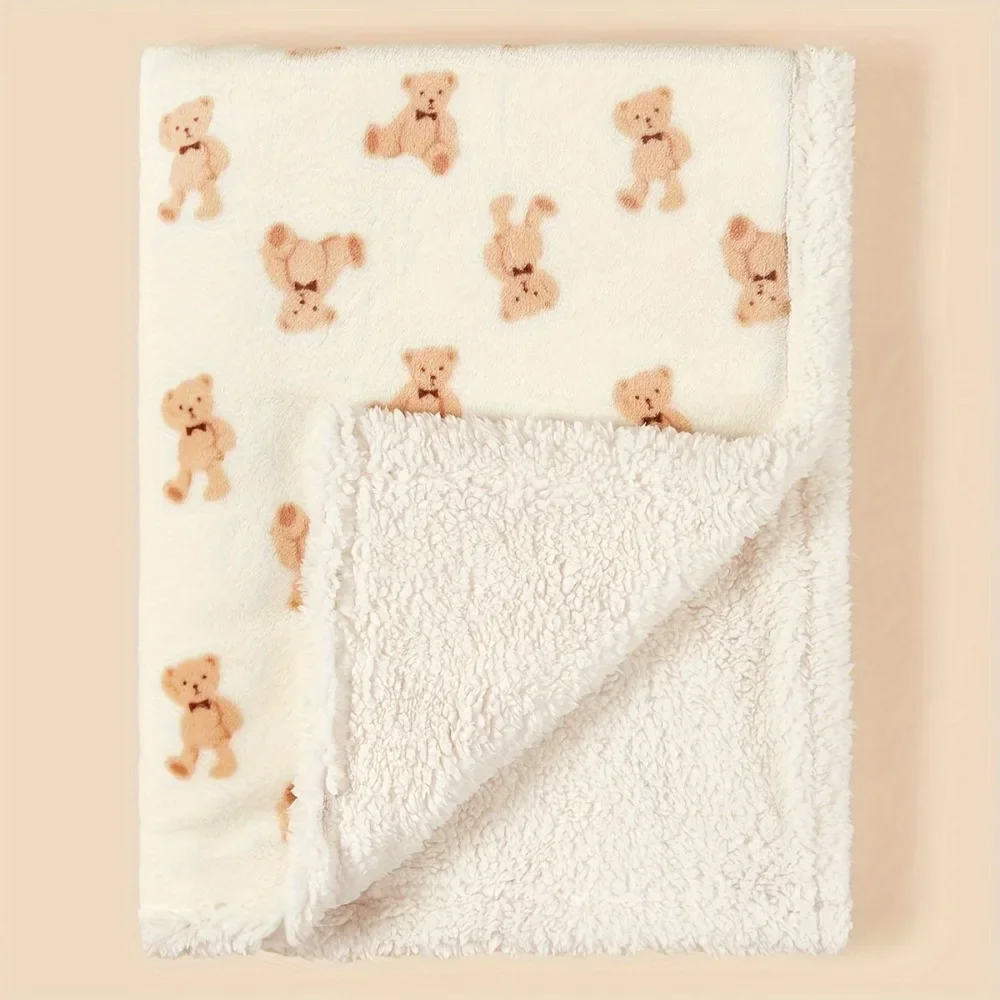 Cobertor estampado de urso de desenho animado para bebê, cobertor de capa de pelúcia de camada dupla espessada para recém-nascidos, melhor para berços, carrinhos e uso doméstico