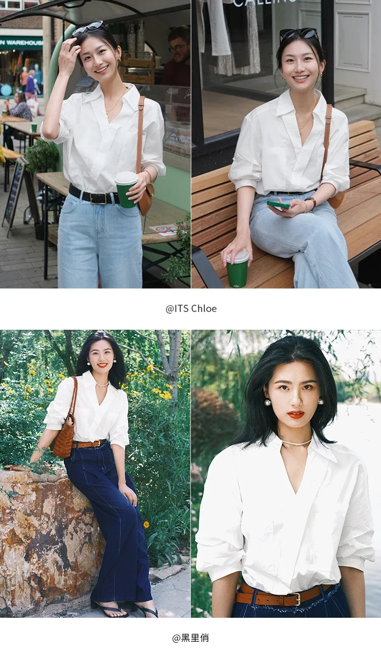 Office Lady Oversize Cotton Women Shirt 2024 Summer Half Sleeve Turn Down Collar White Shirts Pocket Work Blouse Female Clothing