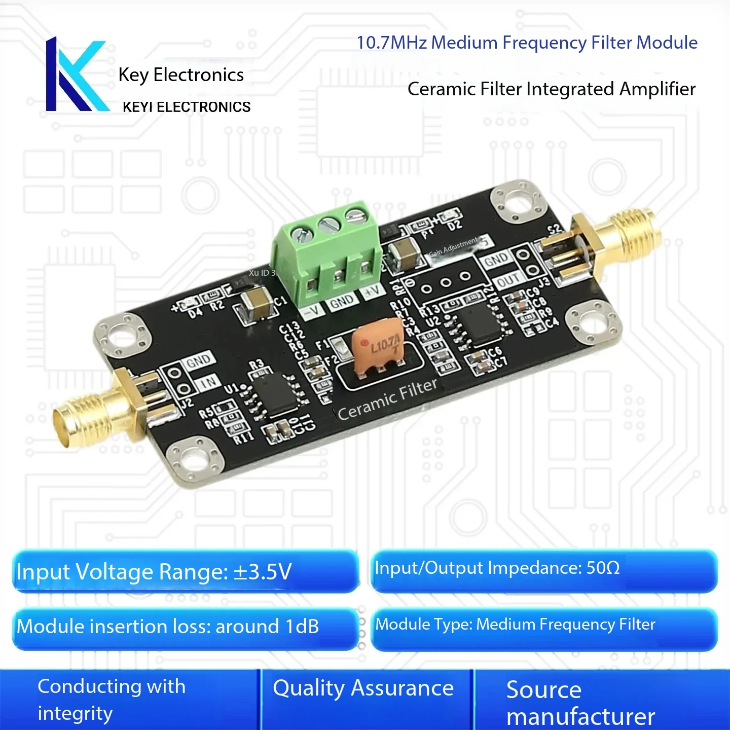 10.7MHz ceramic filter, narrowband bandpass intermediate frequency filter module, insertion loss compensation