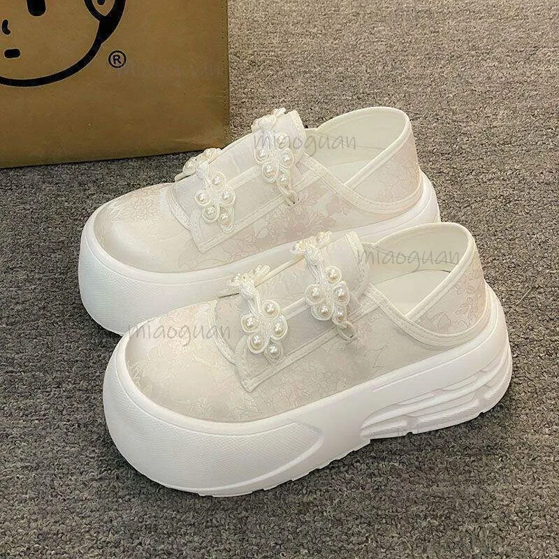 Women's Thick Sole Slip-On Sneakers Pearl Bowknot Platform Casual Shoes Chinese Hanfu Style Lolita Comfortable Sapato Feminino