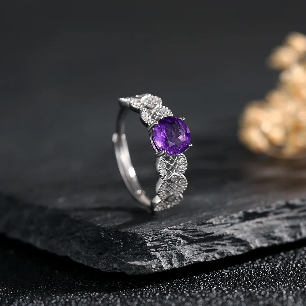 

Amethyst Adjustable Ring 925 Sterling Silver February Birthstone Healing Crystal Jewelry Stress Relief Gemstone Gift for Her