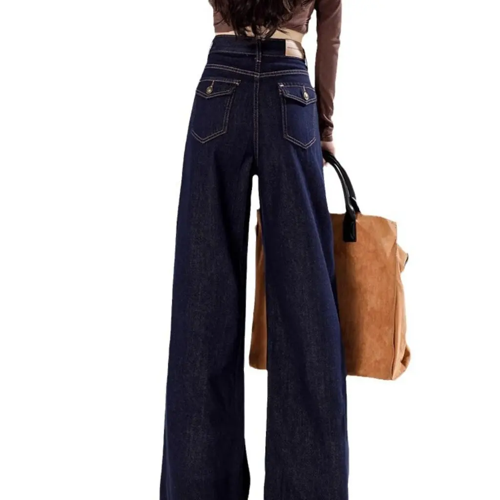 Damskie dżinsy Tannin w kolorze ciemnoniebieskim z szerokimi nogawkami, z wysokim stanem, o prostym kroju, luźne, zwiewne spodnie na wiosnę i jesień.