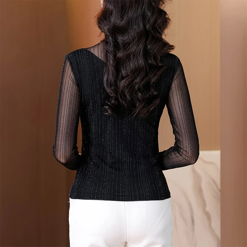 ربيع الخريف طويلة الأكمام الياقة المدورة المرأة تي شيرت أزياء عارضة الساخن الماس عالية تمتد شبكة قمم الملابس السوداء