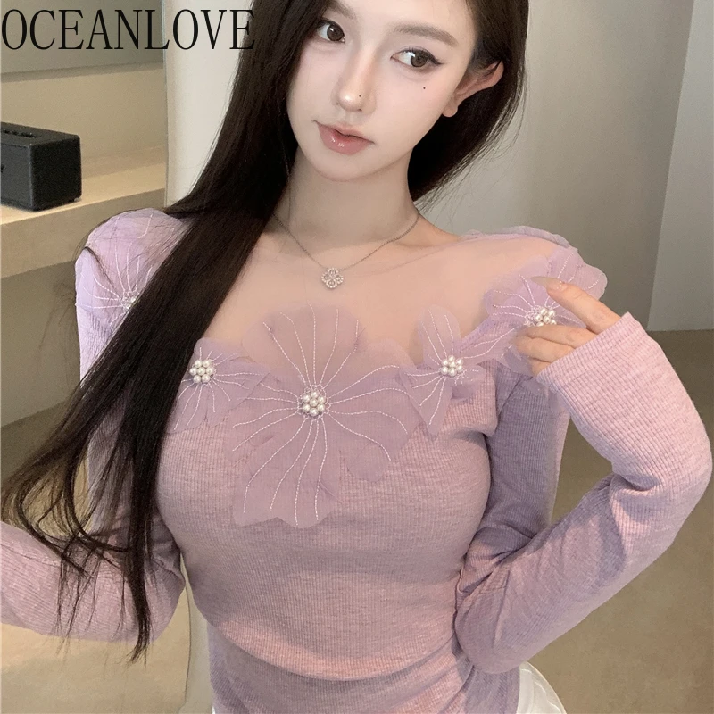 OCEANLOVE Flowers Slash Neck T Shirt for Women Autum Winter Elegant Ropa De Mujer Korean Fashion Sweet Vintage Short Tees