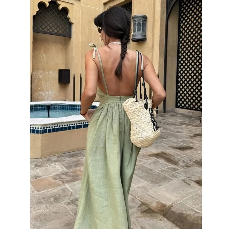 Women\'s Cotton Camisole Dress Spring and Summer Elegant Rural Style Beach Vacation Sexy V-Neck Strap Backless Camisole Dress