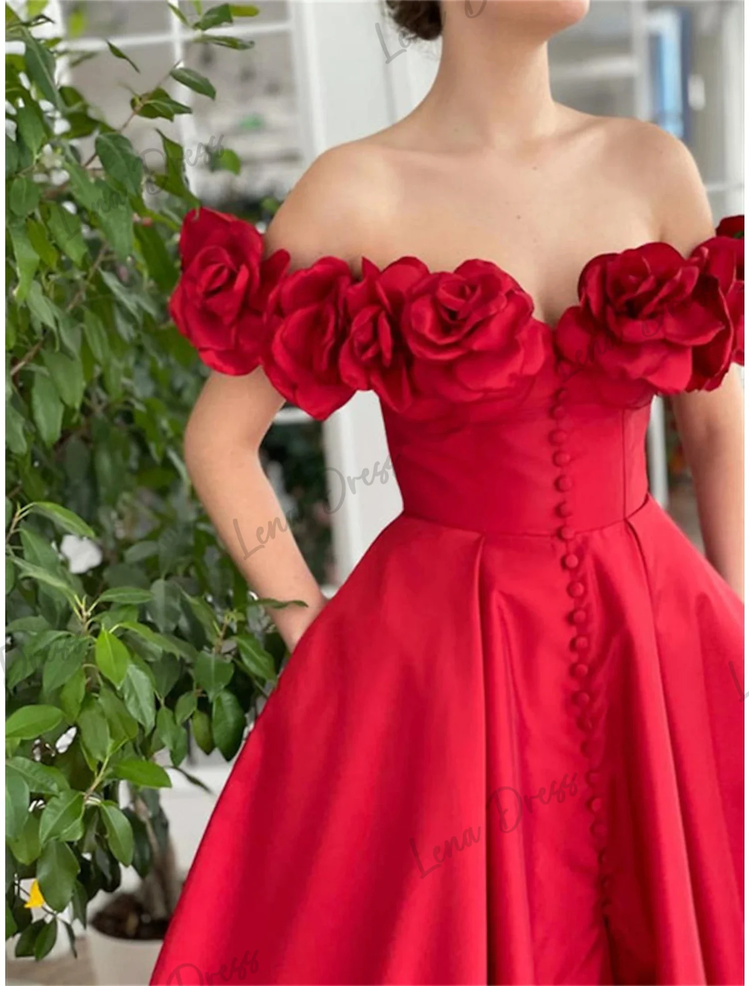 Lena-Red Taffeta Prom Dress Off Shoulder A-line Evening Dress Split Handmade Flower Button Long Formal Party Dress