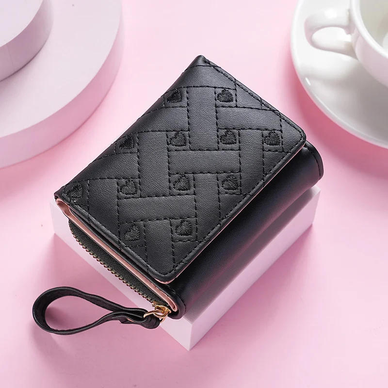 Cute Embroidery Love Women's Short Wallet PU Leather Fold Card Holder Mini Coin Purse With Zipper Luxury Ladies Money Clip