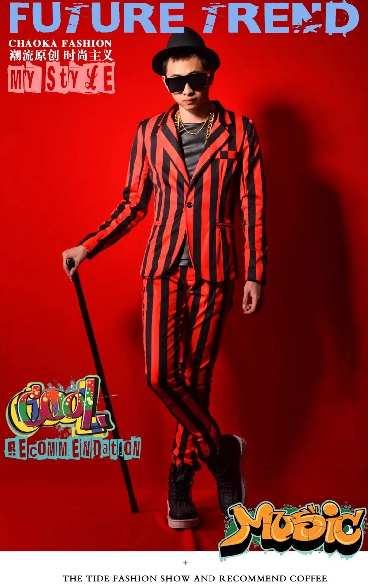 Red Black Striped Suit Nightclub Male Singer DSDJ Dance Stage Song Companion Bar Performance Clothing Party Host Magician