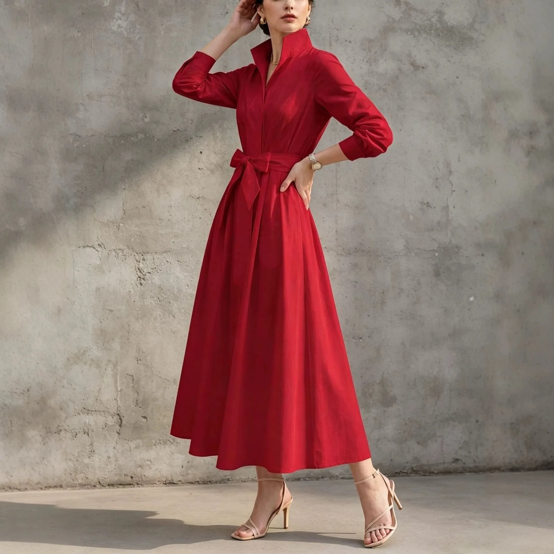 French Chic Solid Shirt Dress Women Autumn Long Sleeve Tie Waist A-Line Midi Dresses Elegant Casual Spicy Girl Fashion