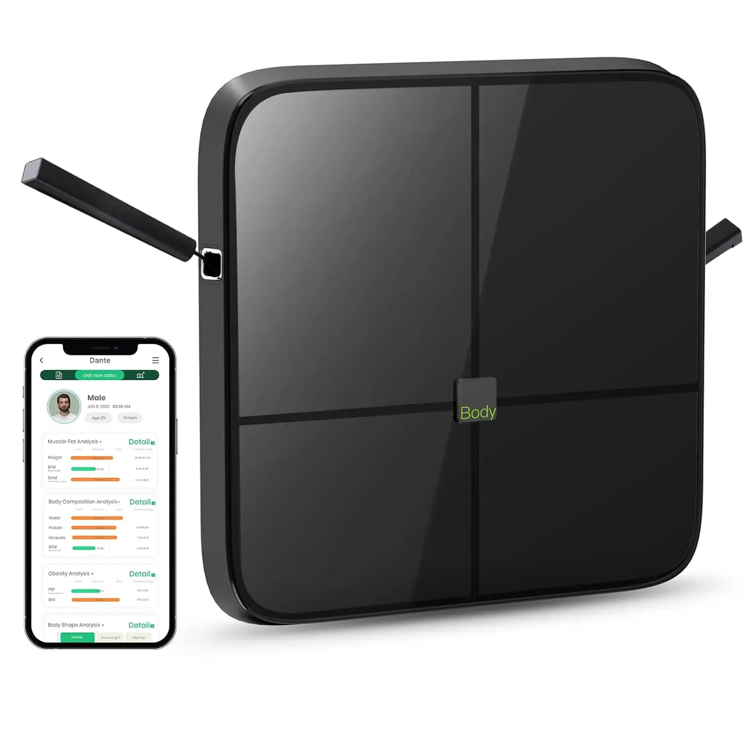 

Умные весы с 8 электродами анализируют 43 показателя тела, синхронизация по Bluetooth для домашнего мониторинга здоровья.