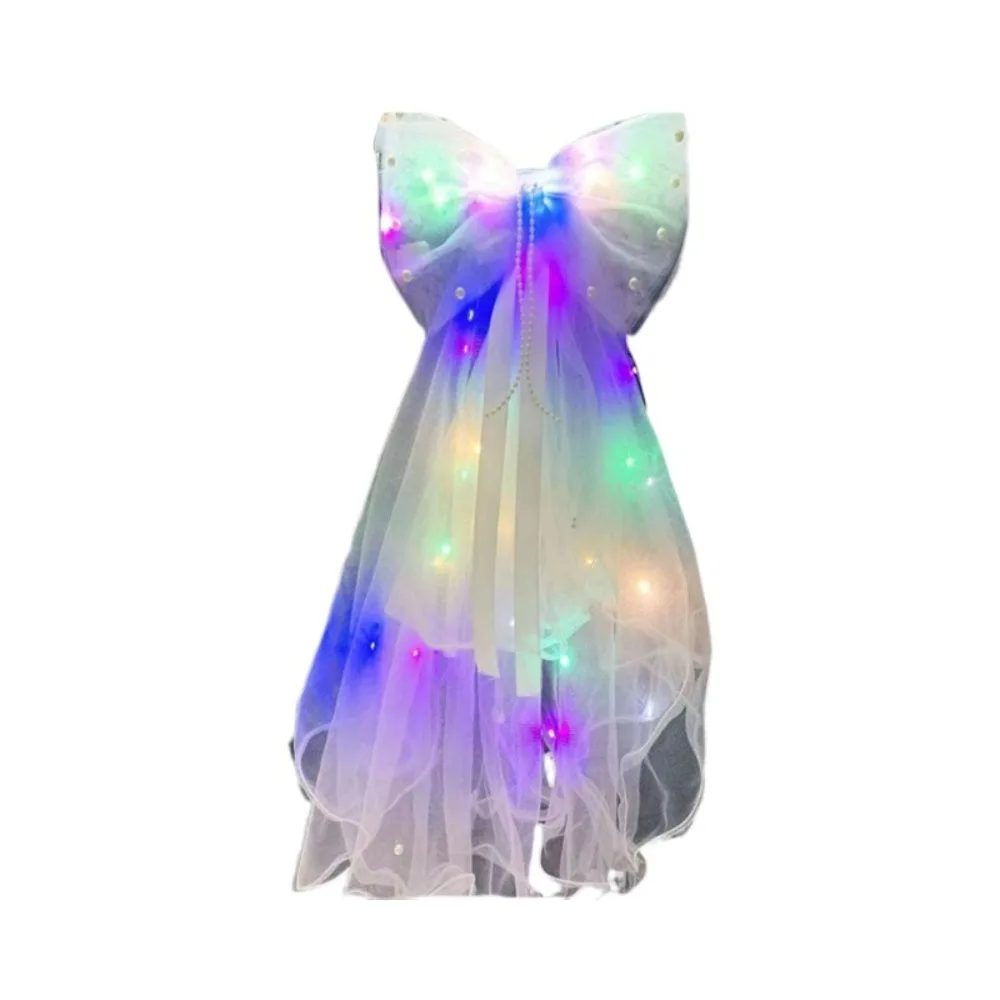 Gift LED Light Glowing Veil Ribbon Bow Soft Tulle Two Layers Bridal Wedding Veils Dress Up Glitter Veil for Women Girls