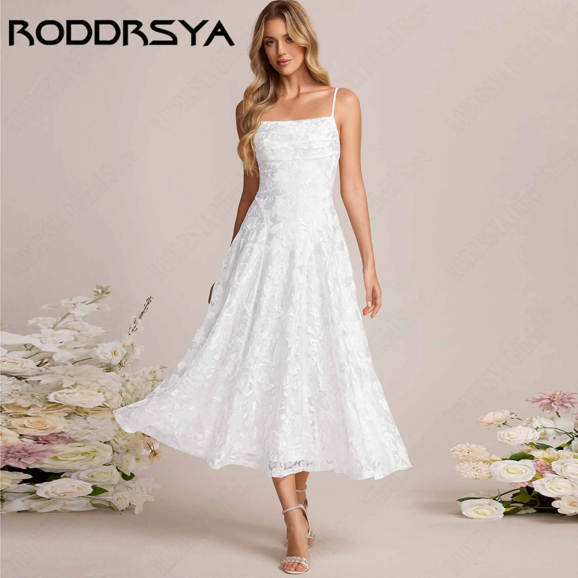 RODDRSYA Brautkleider mit quadratischem Ausschnitt und Spitze, Midi-Brautkleider mit Spaghettiträgern, A-Linie, zivile Brautkleider, elegante Brautkleider, individuell gestaltet