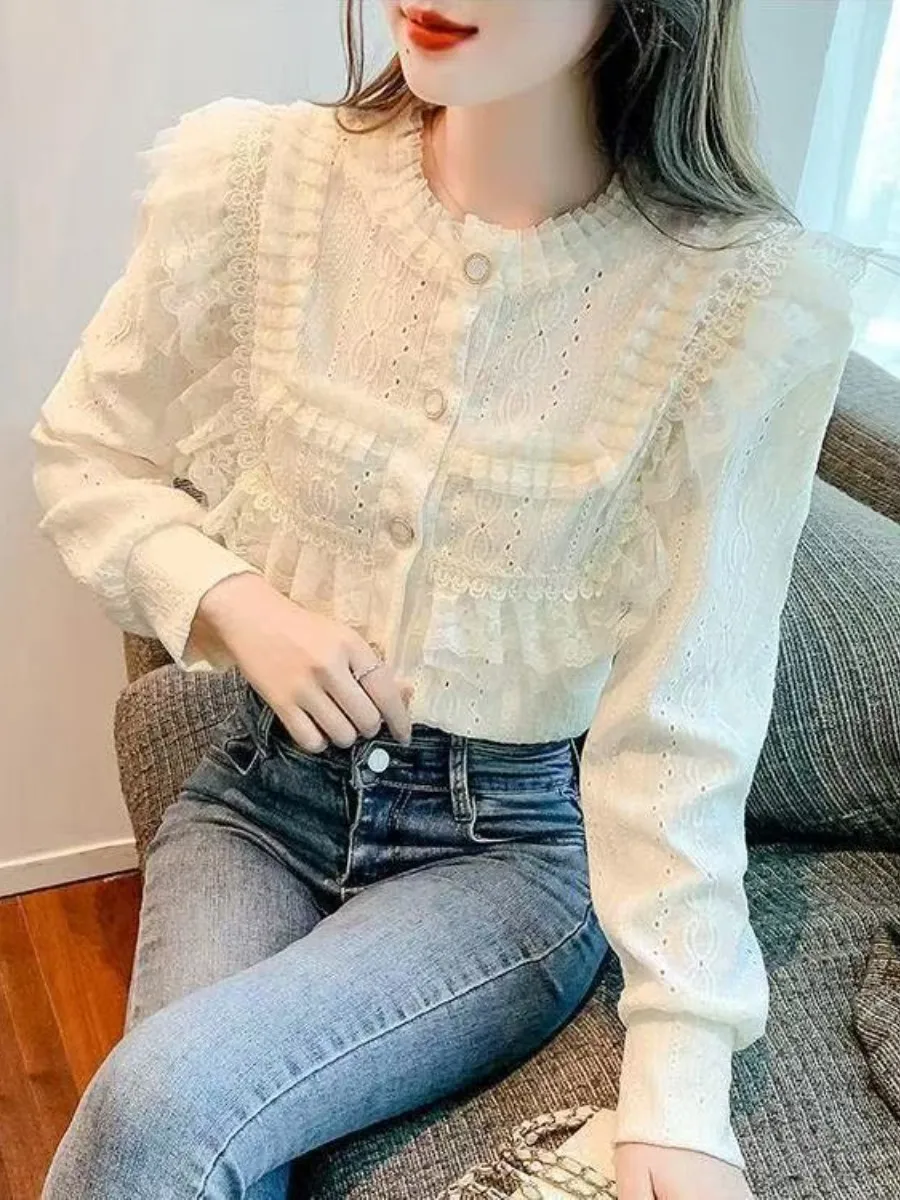 

Spring 2025 Korean Style Lace Fairy Shirt Hollow out round Neck Long Coat Elegant Ladylike Design Breathable Loose Fit
