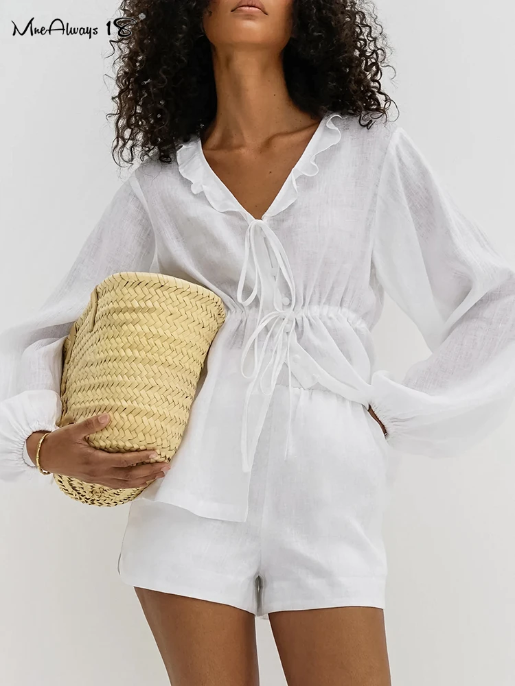 Mnealways18 Lantern Sleeve White Cotton Linen Outfits Women Lace-Up Top And Wide Leg Shorts Vacation 2024 Solid Sets Office Lady