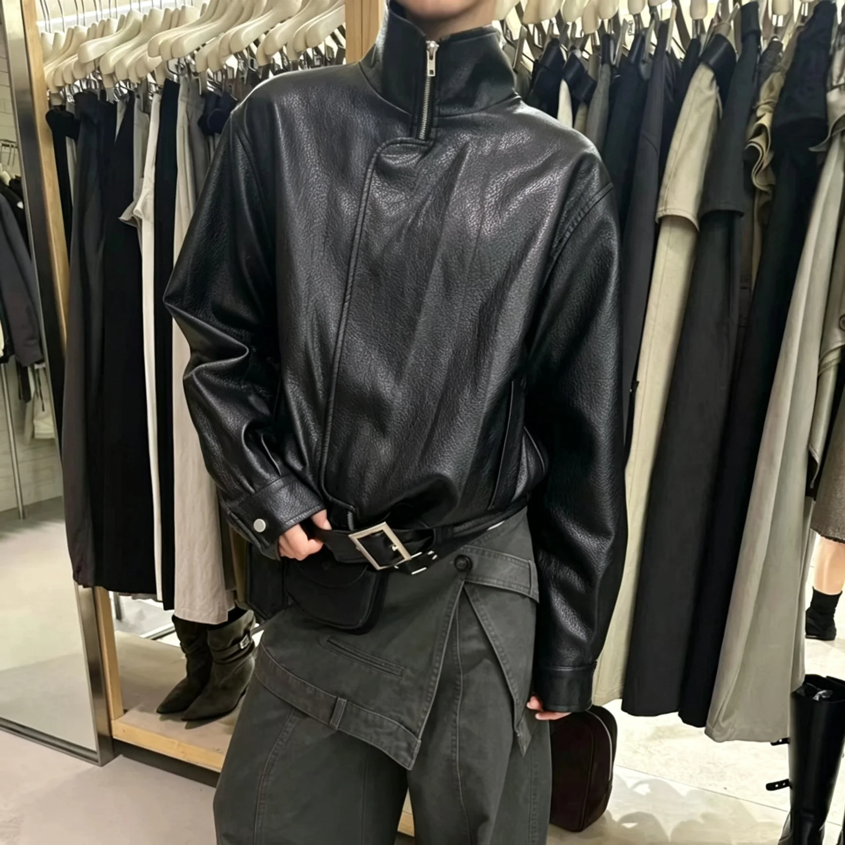 RU Autumn Winter Ladies Faux Leather Biker Jacket Stand Collar Asymmetrical Zip Loose Fit Long Sleeve Casual Street Outer Coat