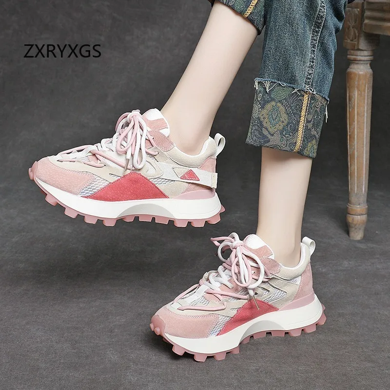 ZXRYXGS Superior Genuine Leather Mesh Color Blocking Splicing Women Shoes Trend Sneakers 2024 Summer Breathable Leisure Sneakers