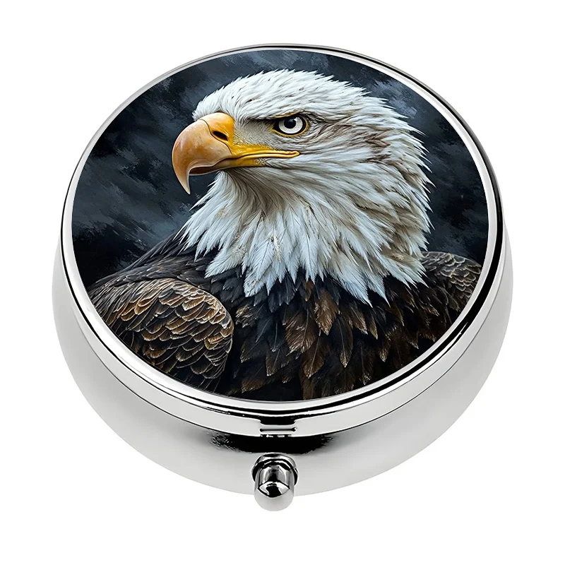 1 metal eagle-shaped pill box with 3 compartments and locking lid - portable travel medicine organizer, suitable as a vitamin box for your wallet, featuring an eagle and feather design (no light bulb) - device for pills, capsules, and tablets