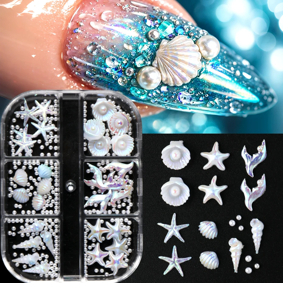 6-teiliges Set Schillernde Seestern-Muschel-Nagelkunst-Charms, Muschel-Meerjungfrauenflossen-Dekorationen, Perlen, Sommer-Nagelzubehör, Maniküre-Bastelbedarf