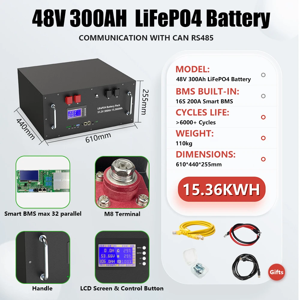 48V 300Ah LiFePO4 Batterij 15KW Bluetooth 16S 200A BMS 51.2V 100Ah150Ah 200Ah 6000+ Cycli Graad A Nieuwe Cellen CAN/RS485 EU Geen Belasting - afbeelding 1