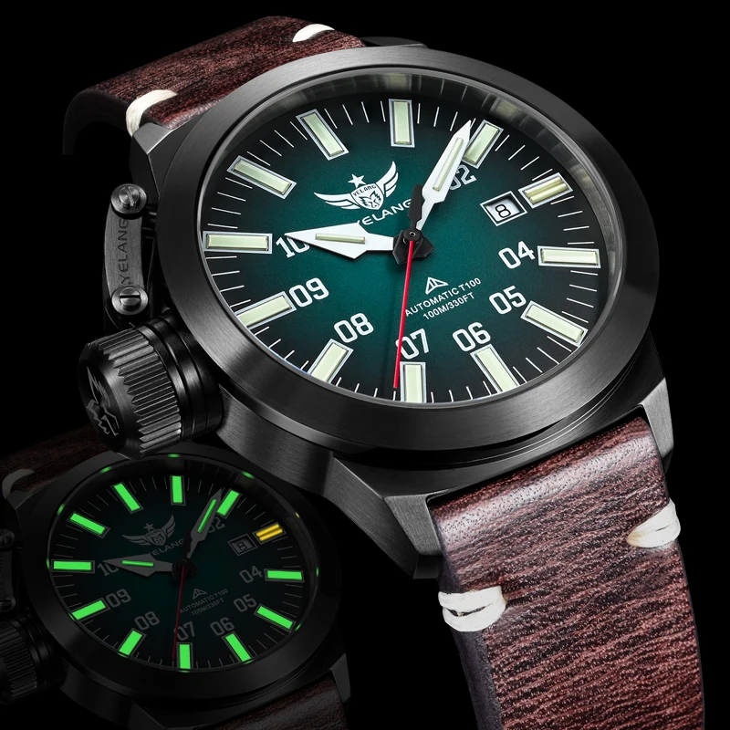 Immagine 7: Orologio Automatico da Uomo YELANG 44MM, Orologio da Polso Meccanico Subacqueo 10ATM Impermeabile, Tubi Luminosi, Zaffiro PT5000, Corona a Sinistra
