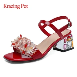 Krazing Pot Big Size punta quadrata tacchi alti fiori di cristallo abbastanza incontri strass Dance Party Buckle Straps sandali da donna