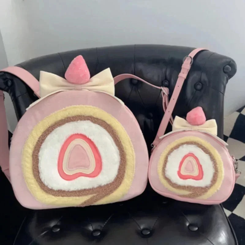 New Niche Design Pink Cake Roll Cute Women\'s Sweet Backpack Kawaii Pink Girl Birthday Gift Strawberry Food Bowknot Travel Bag