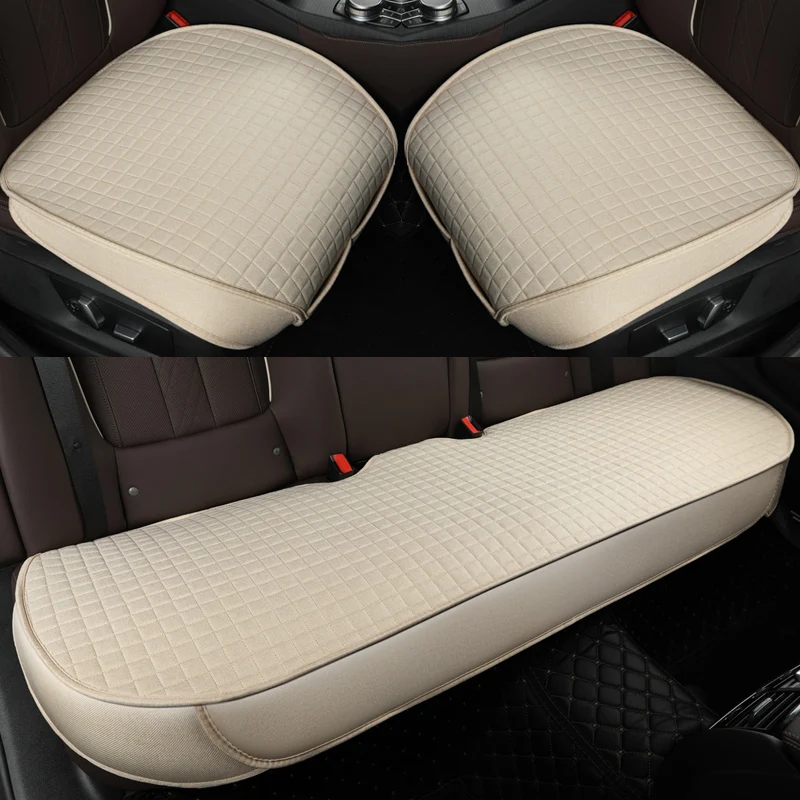 Universal Car Seat Cushion 3PCS Set, Breathable Linen Fabric Car Seat Pad, Non‑Slip Without Backrest, Four‑Season Auto Seat Prot
