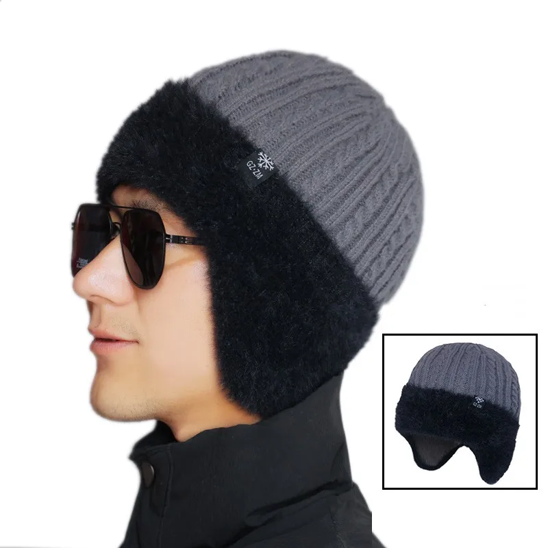 

Men Winter Knitted Hat Plush Warm Earmuff Casual Fashion Faux Fur Lined Bomber Hats Outdoor Cycling Ear Protection pullover Hat