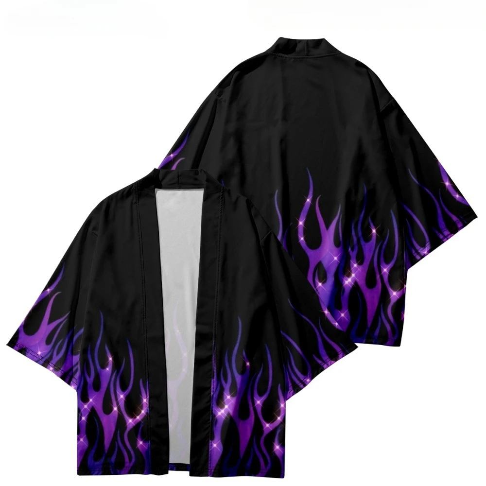 Samurai Beach Cardigans, Loose Kimonos, Cosplay Tops for Men and Women Capes Blue Flame Print