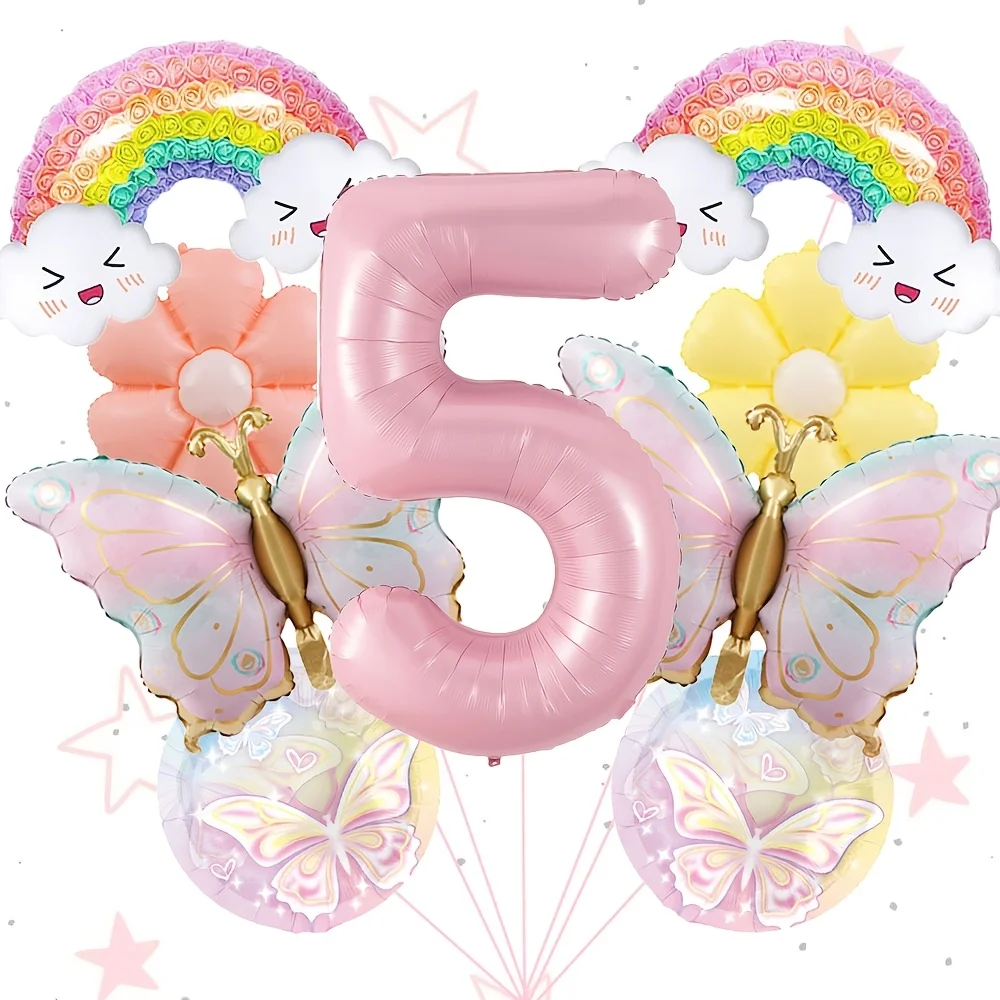 32 Zoll Rosa Zahlenballons Farbverlauf Schmetterling Regenbogen Gänseblümchen Ballon Geburtstagsdekoration für Mädchen Geburtstagsparty Deko Zubehör