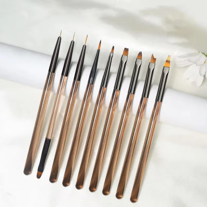 

9 Pcs/Set Acrylic Transparent Manicure Brush UV Gel Carving Pen Brush Liquid Powder DIY Nail Drawing Flat Nail Art Brush