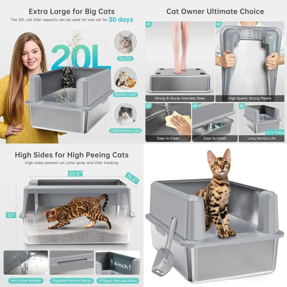 

Extra Large Stainless Steel Litter Box with Lid, High-Sided Metal Pan for Large Cats, Odor-Resistant, Leak-Proof, Includes Scoop