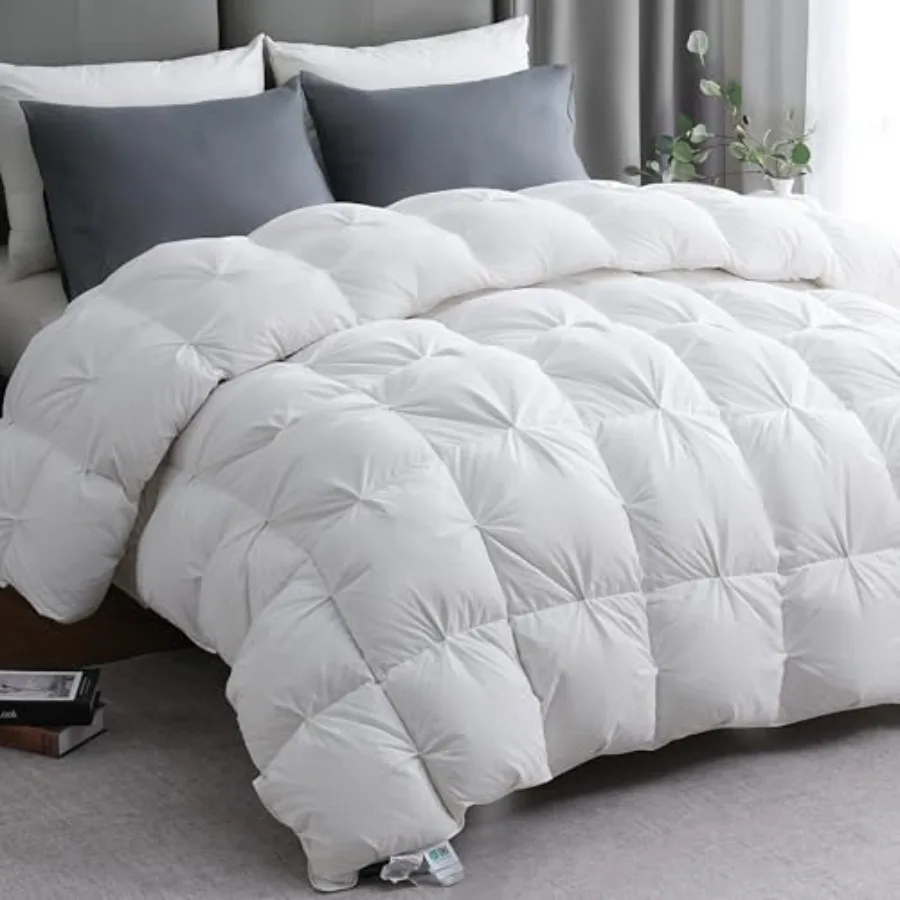 

KAKABELL Pinch Pleat Goose Down Feather Fiber Comforter King Size Breathable Fluffy White Duvet Insert with Cotton Blend Fabric