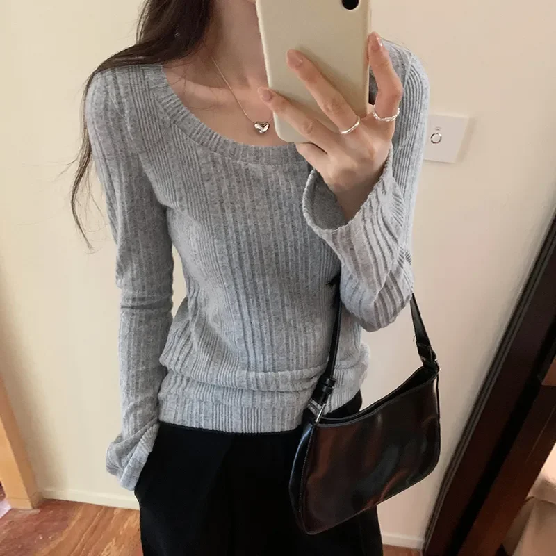 

Stylish Korean Solid Color Slim T-shirts Autumn New All-match Round Neck Women's Clothing Brushed Casual Long Sleeve Pullovers
