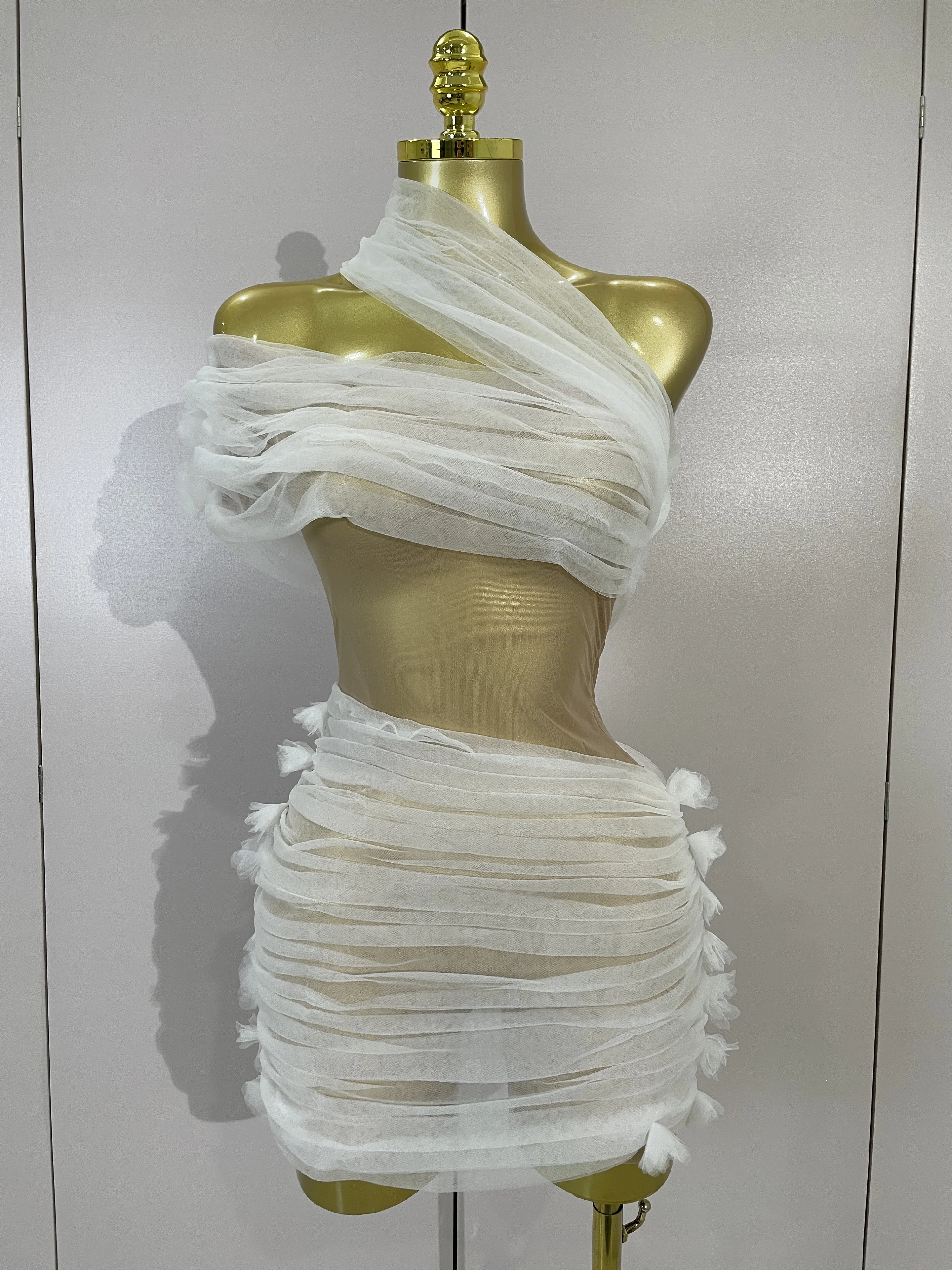 Women Sexy White One Shoulder Mesh See Through Bodysuit Dress Eveing Birthday Party Nightclub Performance Stage Photoshoot Wear