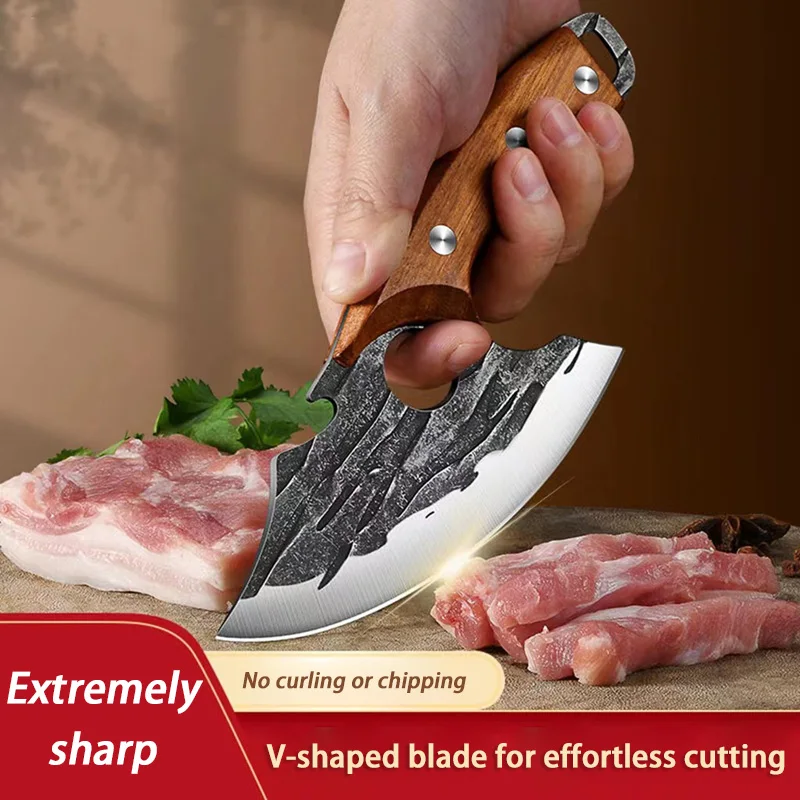 Cuchilla de carnicero forjado, cuchillo de Chef de cocina, cuchillo de corte de fruta para pesca, cuchillo vikingo de carnicero para barbacoa, abrelatas, cuchillo portátil de utilidad
